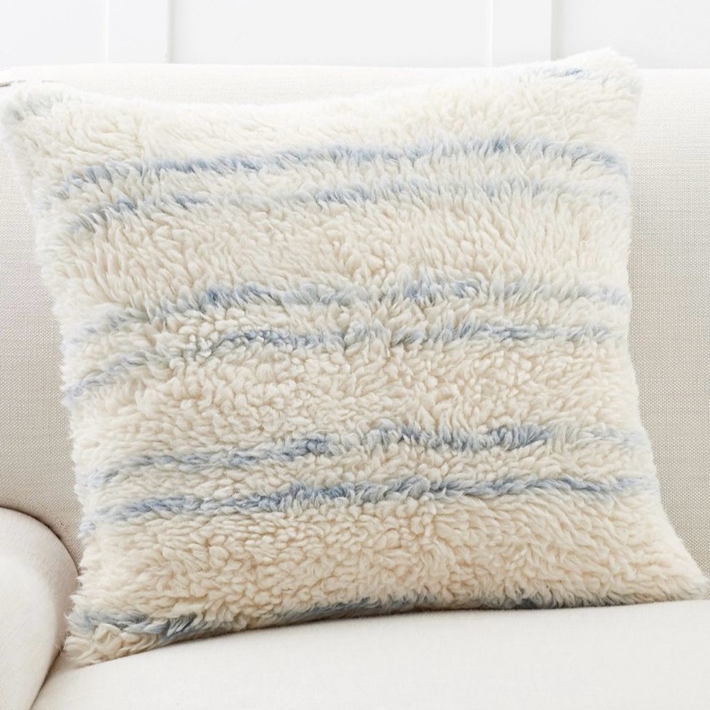 Pottery Barn Blue Wool Striped Accent Pillow Cream and Light Blue Cozy Serene